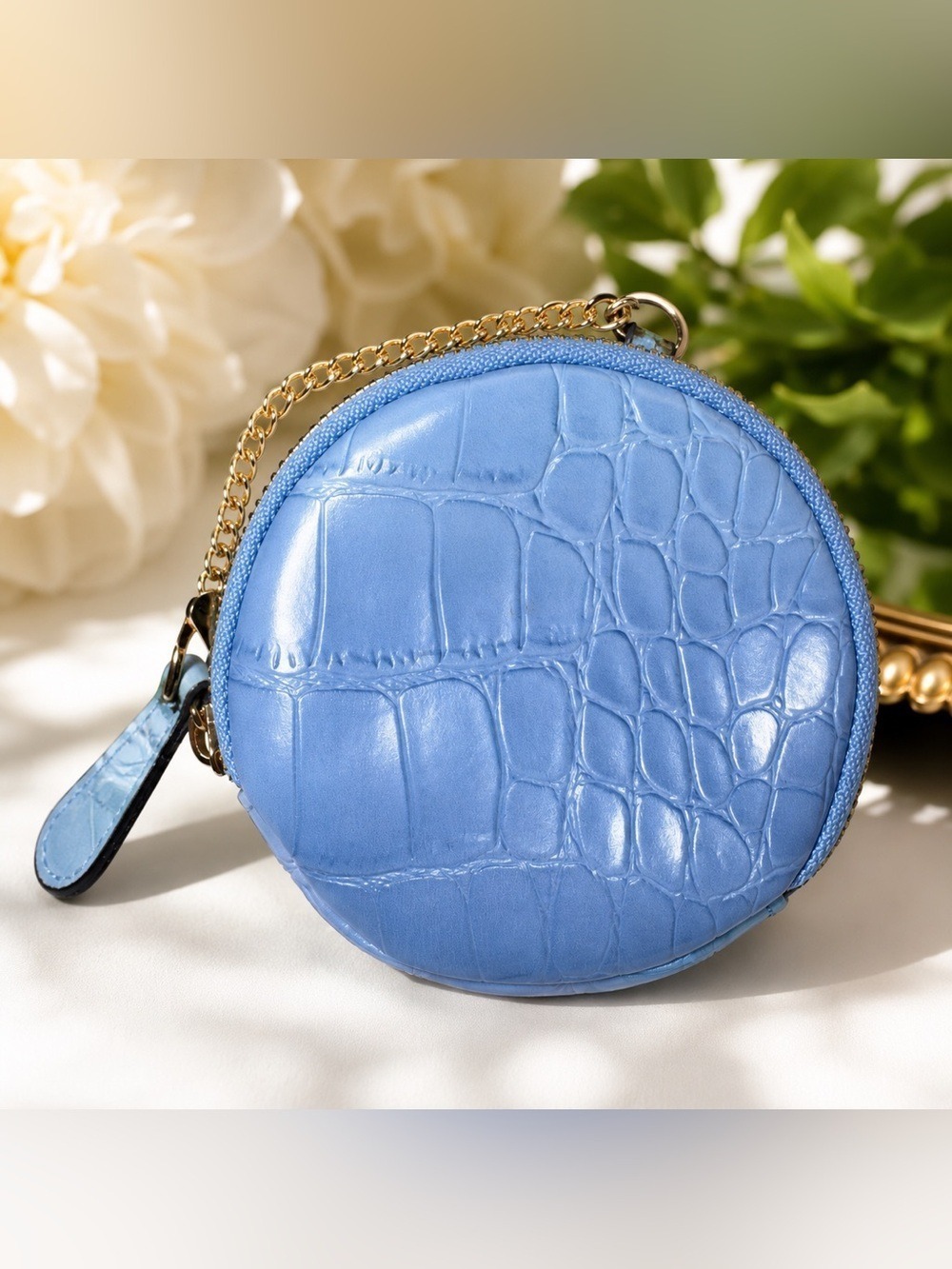 Blue Croc Embossed Round Coin Purse Mini Pouch Keychain Wallet